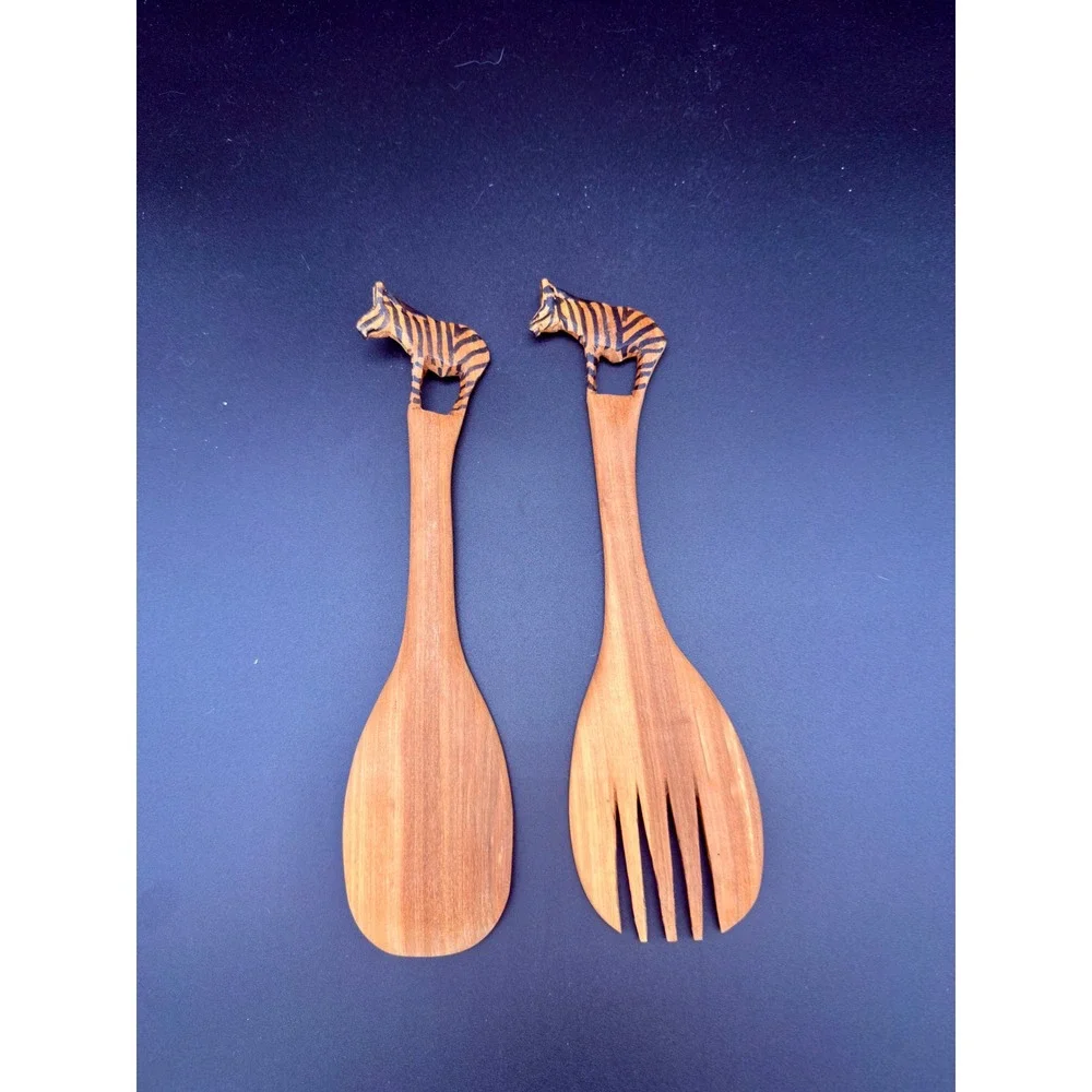 Hand Carved Wooden Zebra Salad Server Set 2 Piece Serving Spoon and Fork Animal